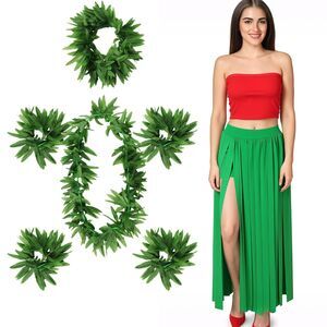 Breathffy 8 Pc Hawaiian Hula Skirt Costume Set Women Large Luau Tank Top Leis